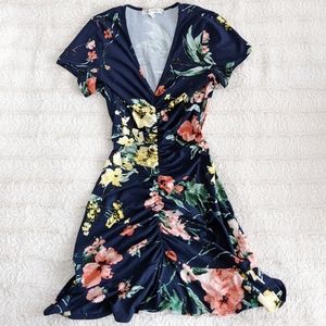Soft Ruched V-Neck Navy Floral Dress